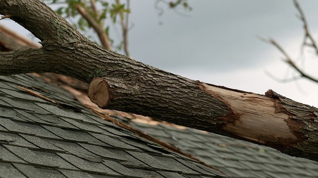 Fallen tree branch resting on damaged shingled roof