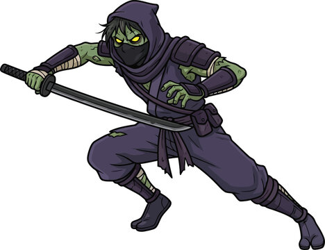 A menacing undead ninja warrior wielding a sharp katana sword in a combat stance.