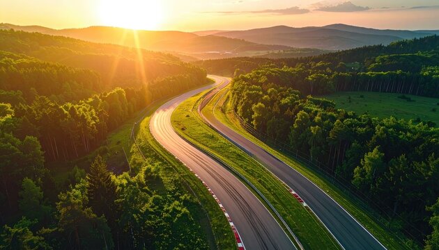 A winding asphalt race track cuts through a lush green forest as the sun sets.