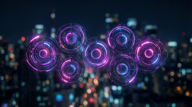 Floating interconnected circular progress bars with glowing purple and pink neon tubes over a blurred city skyline
