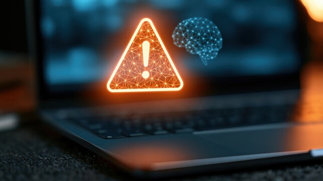 Digital warning symbol and brain icon above laptop