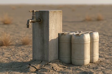 Fototapeta premium Water jugs beside tap in arid desert landscape
