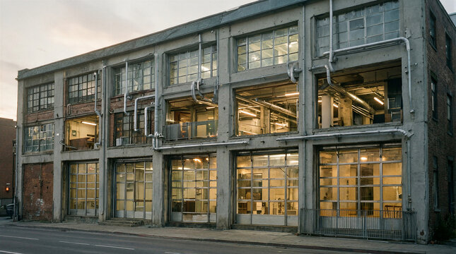 Industrial architecture featuring converted cold storage warehouse with pale concrete and stainless steel replacement doors