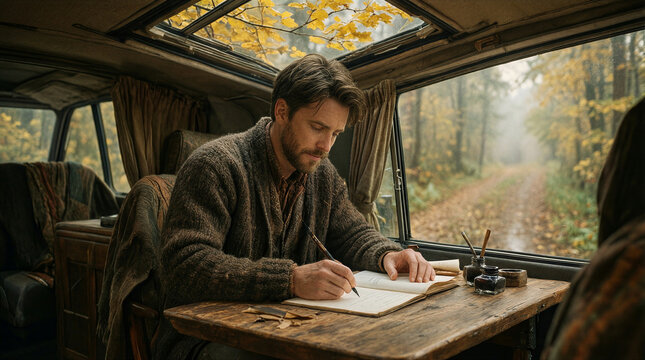 Handwritten letters, 35 year old man writing by hand in vintage wool cardigan at reclaimed wood desk inside cozy camper