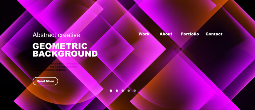 Abstract website header design. Vibrant pink, orange hues dominate geometric shapes, text elements present. Modern, creative layout.