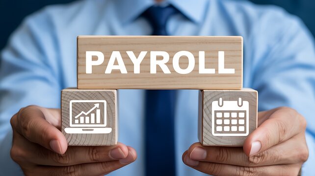 A man in a blue shirt and tie holds wooden blocks with the word PAYROLL and icons representing a laptop with a graph and a calendar