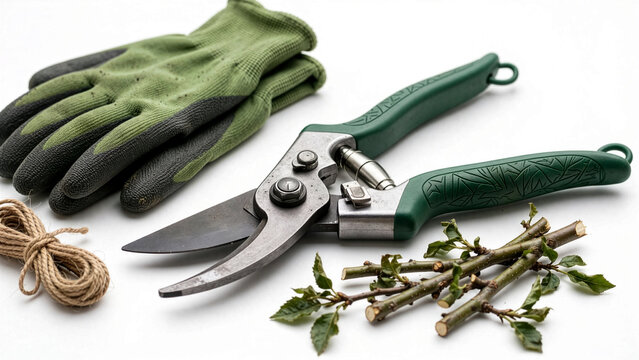 A pair of green bypass pruning shears lies next to protective work gloves jute twine string and fresh cut plant branches on a white background.