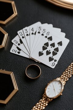 Gold watch ring and playing cards on dark