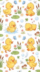 Fototapeta premium Cute Yellow Duckling Seamless Pattern With Flowers, Butterflies, Pond Elements and Playful Baby Ducks
