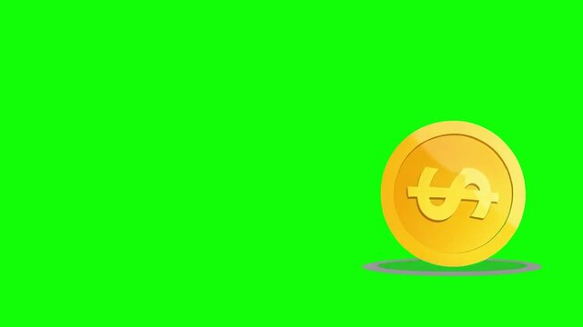 Gold coin popping up spinning and rolling animation on green screen
