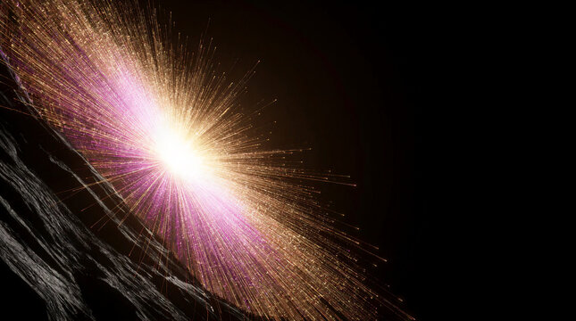 Underground fiber optic network radiating from a brilliant epicenter as massive tectonic plates shift apart in dark void