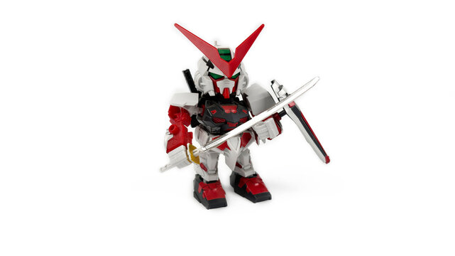Kediri, East Java, Indonesia &ndash; August 26, 2026: Gundam Robot Model Figure with Sword and Shield Displayed on White Background