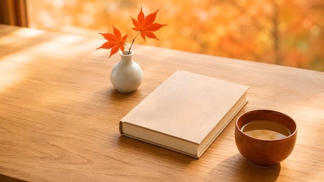 紅葉の窓辺で楽しむ秋の読書 本とほうじ茶ともみじの一輪挿し