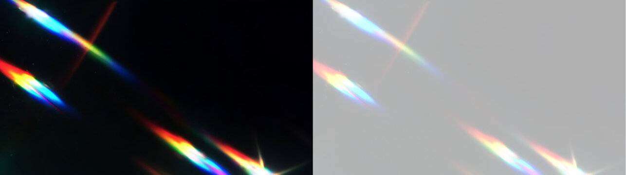 Optical prism light leak framing overlay with rainbow streaks. Crystal flare effect on transparent background