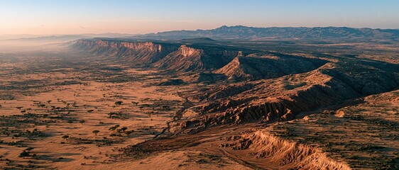 Naklejka premium Aerial view of vast canyon landscape with flat