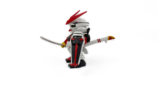 Kediri, East Java, Indonesia &ndash; August 26, 2026: Gundam Robot Model Figure with Sword and Shield Displayed on White Background