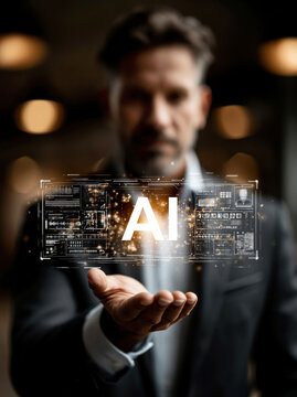  Futuristic AI Interface in Human Hand - Generative AI - no real persons