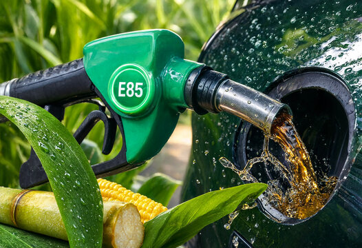 Green E85 fuel nozzle pumping ethanol biofuel into a car tank with sugarcane and corn crops.