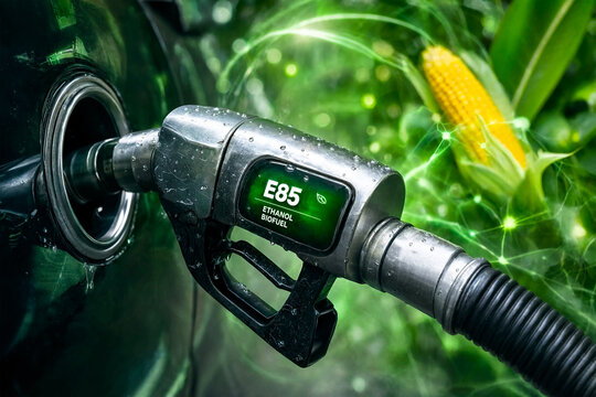 E85 ethanol fuel nozzle pumping biofuel into a car with corn crop background