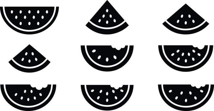 Watermelon slice icon set with seeds rind wedge half and bitten fruit cuts