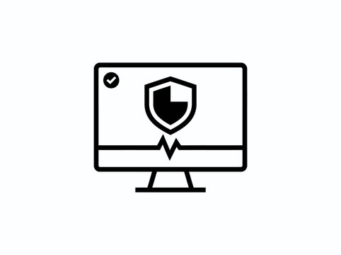 Computer monitor displaying a protective shield icon with a vital signs heartbeat graph signifies the continuous monitoring and proactive health status of a digital network system.