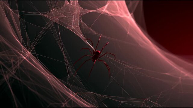 A red spider moves across a frosted web with intricate patterns at night in a dark setting. The network glows softly, enhancing the visuals.