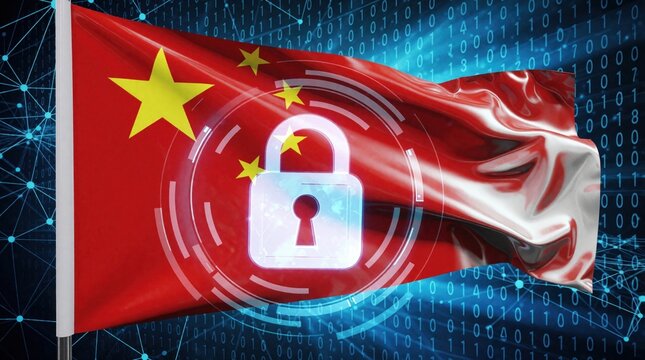Chinese flag waves over binary code with padlock symbol overlaid. Suggests digital security, privacy, and cyber protection in China tech landscape. Represents online safety.