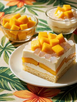 Slice of layered mango cake with cream, fresh fruit, and tapioca pearls sits on a white plate. A bowl of mango cubes and a small dessert cup are nearby.