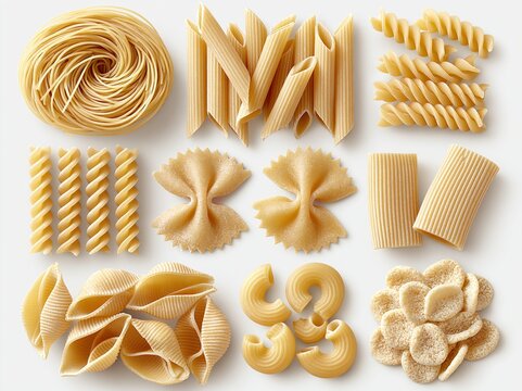 Assortment of various uncooked pasta shapes on white