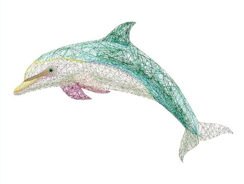 Stippled Pointillism Illustration Of A Swimming Dolphin Against A Clean White Background