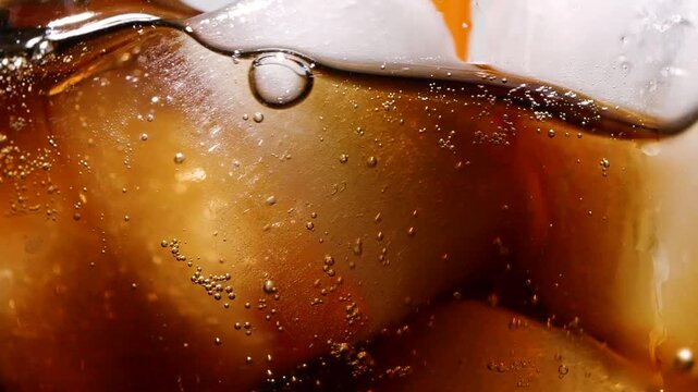 Slow motion closeup cola with ice cubes and bubbles, macro soft drink texture