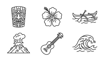 Hawaii themed line art collection, Polynesian mask, hibiscus flower, boat, volcanic mountain, ukulele and ocean wave. © mdbhraju76