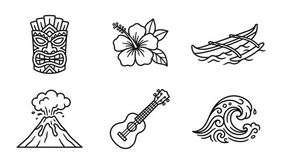 Hawaii themed line art collection, Polynesian mask, hibiscus flower, boat, volcanic mountain, ukulele and ocean wave. © mdbhraju76