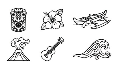 Hawaii themed line art collection, Polynesian mask, hibiscus flower, boat, volcanic mountain, ukulele and ocean wave. © mdbhraju76