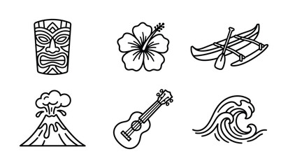 Polynesian culture icon set, tiki mask, hibiscus flower, canoe, volcano, ukulele and ocean wave line art. © mdbhraju76
