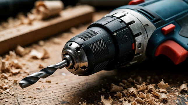 Close up of electric drill with metal bit in chuck. Power tool lies on wooden table covered with sawdust in carpenter workshop. Pro equipment for drilling holes in wood metal during DIY renovation
