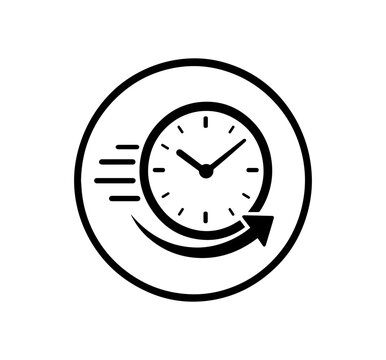 Fast time delivery concept icon with clock, speed lines, and arrow circle, minimalist black and white line art vector illustration, cad drawing flat vector illustration