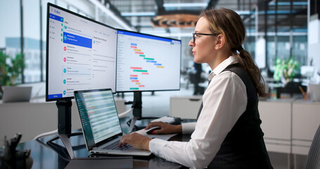 Fototapeta na wymiar Young Businesswoman Analyzing Email Platform Tools On Her Laptop