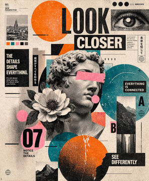 Maximalist collage art with classical statue head and abstract geometric graphic elements