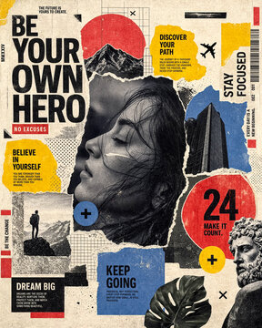 Maximalist collage poster design with motivational typography and abstract artistic elements.