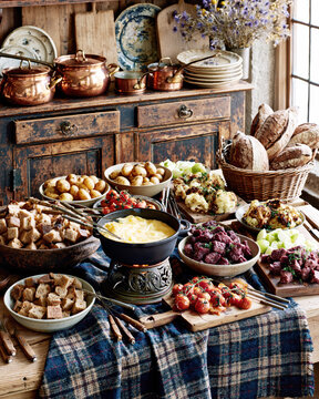 Traditional Swiss Cheese Fondue with Rustic Dipping Ingredients &ndash; AI Generative