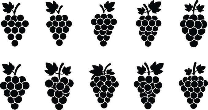 Grape bunch icon set with clustered berries vine leaf stem and cluster shapes