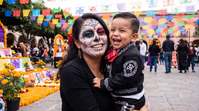 A Mexican mother with half-face sugar skull makeup holds her laughing son in a tiny charro suit at a papel picado plaza celebration, great for holiday promos.