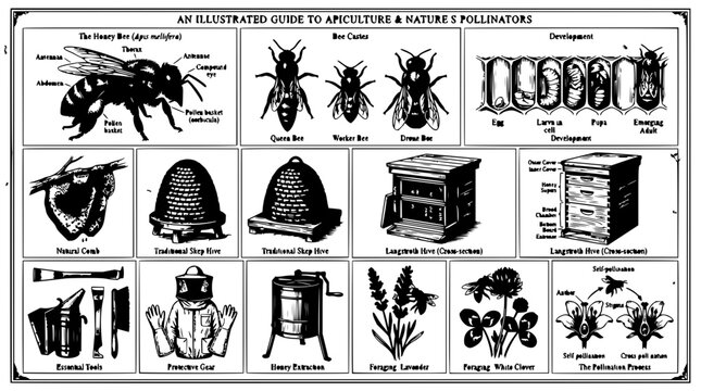 Beekeeping set with honeybee illustrations featuring queen bee, worker bee, drone bee with honeycomb, beehive and beekeeping tools