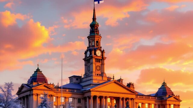 Neoclassical clock tower building against a vibrant golden sky