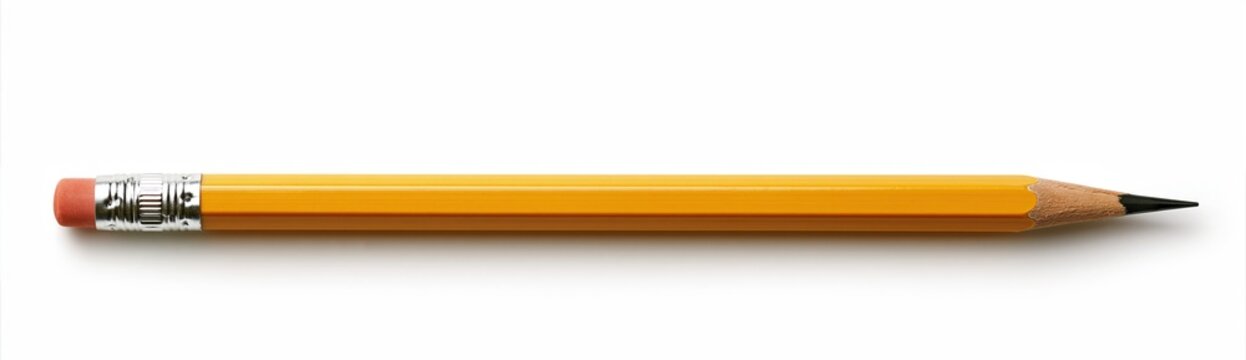 Yellow wooden pencil with eraser on white background