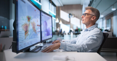Plakat Environmental Scientist Analyzes Flood Risk Maps On Computer