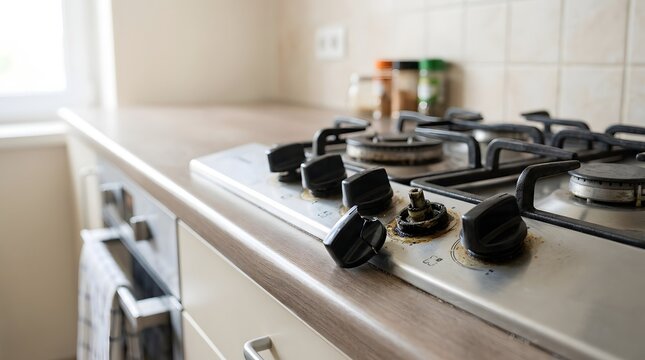 Broken Gas Stove Control Knob on Worn Kitchen Cooktop Surface