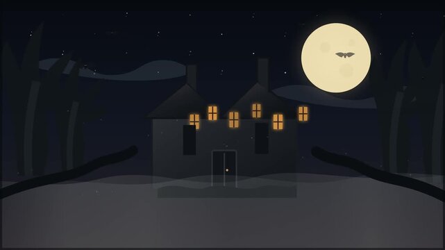 Spooky haunted house silhouette under full moon at night