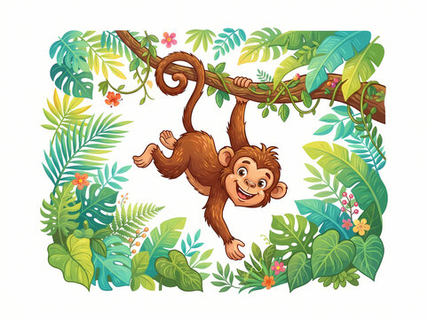 A cheerful brown monkey hanging from a tree branch in a playful pose.